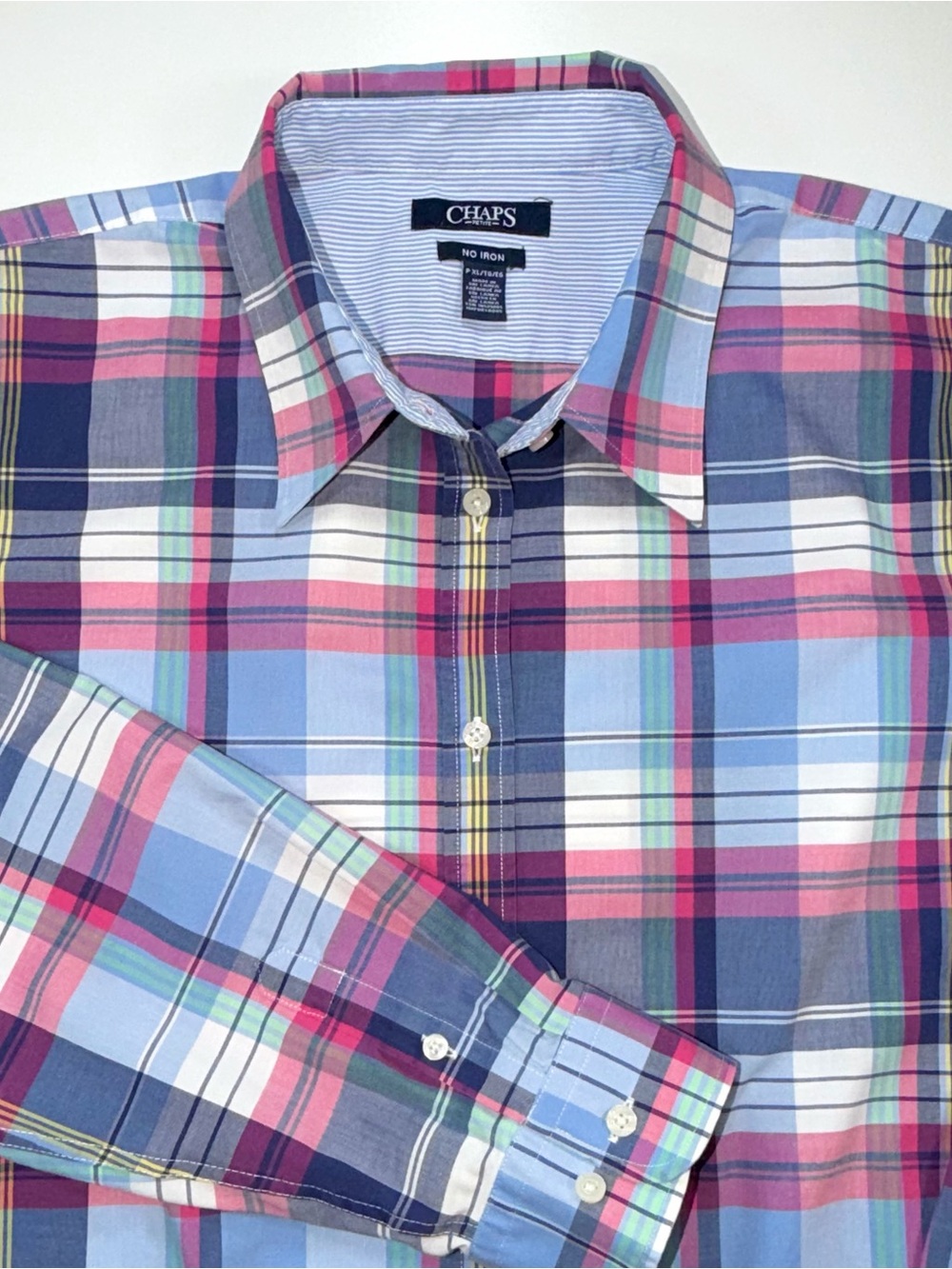 Chaps Shirt Womens Petite XL Multicolor Plaid NO IRON Long Sleeve Button Front